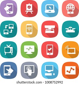 flat vector icon set - touch vector, presentation, notebook, globe, connect, phone wireless, market scales, tv, monitor pulse, mobile checking, laptop wifi, touchscreen, computer, analytics