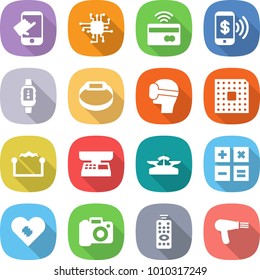 flat vector icon set - touch vector, chip, tap to pay, phone, smart watch, bracelet, virtual mask, cpu, electrostatic, market scales, calculator, pacemaker, camera, remote control, hair dryer