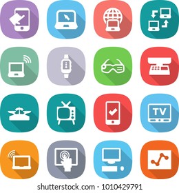 flat vector icon set - touch vector, notebook, globe, connect, wireless, smart watch, glasses, market scales, tv, mobile checking, laptop wifi, touchscreen, computer, analytics