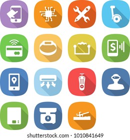 flat vector icon set - touch vector, chip, pencil wrench, gyroscooter, tap to pay, smart bracelet, electrostatic, mobile, location, air conditioning, remote control, vr helmet, kitchen scales