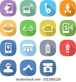 flat vector icon set - touch vector, notebook wireless, gyroscooter, hoverboard, smart bracelet, glasses, electrostatic, mobile pay, location, air conditioning, remote control, vr helmet, robot hand