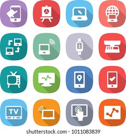 flat vector icon set - touch vector, presentation, notebook, globe, connect, wireless, smart watch, market scales, tv, monitor pulse, mobile location, checking, laptop wifi, touchscreen, analytics