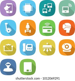 flat vector icon set - touch vector, chip, notebook connect, wireless, gyroscooter, hoverboard, tap to pay, virtual mask, electrostatic, intercome, air conditioning, web camera, vr helmet
