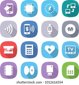 flat vector icon set - touch vector, chip, lightning, notebook connect, wireless, phone pay, smart watch, crypto currency, market scales, calculator, pacemaker, tv, coil, usb flash, sim card
