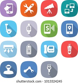 flat vector icon set - touch vector, pencil wrench, telescope, notebook connect, gyroscooter, smart watch, mobile pay, location, air conditioning, remote control, intercome, vr helmet, robot hand