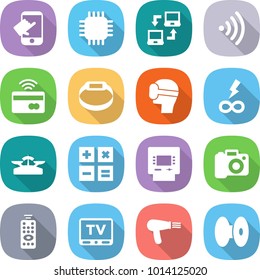 flat vector icon set - touch vector, chip, notebook connect, wireless, tap to pay, smart bracelet, virtual mask, infinity power, scales, calculator, atm, camera, remote control, tv, hair dryer, coil