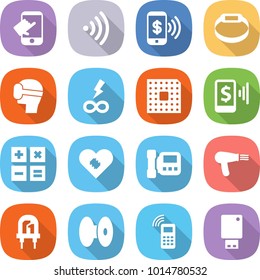 flat vector icon set - touch vector, wireless, phone pay, smart bracelet, virtual mask, infinity power, cpu, mobile, calculator, pacemaker, intercome, hair dryer, led, coil, usb flash