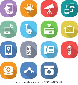flat vector icon set - touch vector, chip, telescope, notebook connect, wireless, gyroscooter, tap to pay, electrostatic, mobile location, remote control, intercome, web camera, robot hand