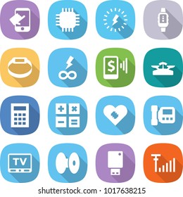 flat vector icon set - touch vector, chip, lightning, smart watch, bracelet, infinity power, mobile pay, scales, calculator, pacemaker, intercome, tv, coil, usb flash, antenna signal