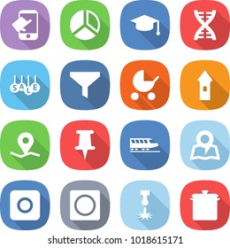 flat vector icon set - touch vector, diagram, graduate hat, dna, sale, funnel, baby stroller, tower, geo pin, train, map, ring button, laser, pan