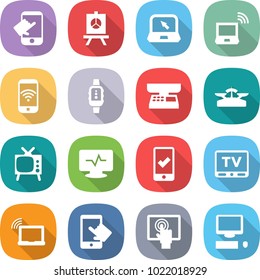 flat vector icon set - touch vector, presentation, notebook, wireless, phone, smart watch, market scales, tv, monitor pulse, mobile checking, laptop wifi, touchscreen, computer