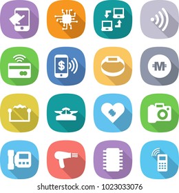 flat vector icon set - touch vector, chip, notebook connect, wireless, tap to pay, phone, smart bracelet, crypto currency, electrostatic, scales, pacemaker, camera, intercome, hair dryer, mobile