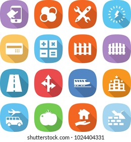 flat vector icon set - touch vector, atom core, pencil wrench, lightning, credit card, calculator, fence, road, route, train, hotel, transfer, tomato, housing, construct garbage