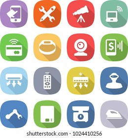 flat vector icon set - touch vector, pencil wrench, telescope, notebook wireless, tap to pay, smart bracelet, web cam, mobile, air conditioning, remote control, vr helmet, robot hand, kitchen scales