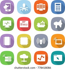 flat vector icon set - touch vector, virus, server, calculator, monitor pulse, invoice, baggage checking, loudspeaker, chip, cpu, antenna, laptop wifi, cloud, analytics, browser window