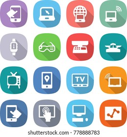 flat vector icon set - touch vector, notebook, globe, wireless, smart watch, glasses, market scales, tv, mobile location, laptop wifi, touchscreen, computer, analytics