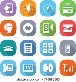 flat vector icon set - touch vector, chip, lightning, tap to pay, virtual mask, crypto currency, mobile, market scales, calculator, remote control, intercome, tv, coil, antenna signal