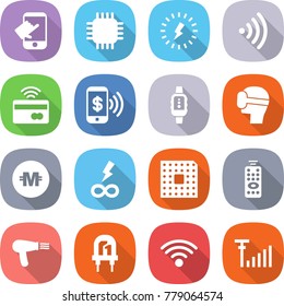 flat vector icon set - touch vector, chip, lightning, wireless, tap to pay, phone, smart watch, virtual mask, crypto currency, infinity power, cpu, remote control, hair dryer, led, antenna signal