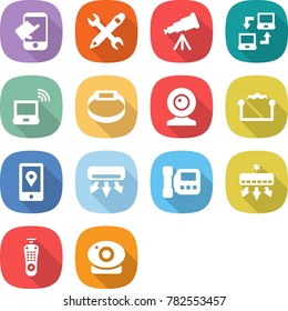 flat vector icon set - touch vector, pencil wrench, telescope, notebook connect, wireless, smart bracelet, web cam, electrostatic, mobile location, air conditioning, intercome, remote control