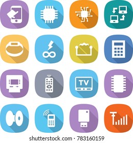 flat vector icon set - touch vector, chip, notebook connect, smart bracelet, infinity power, electrostatic, calculator, atm, remote control, tv, coil, mobile phone, usb flash, antenna signal
