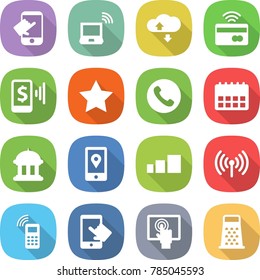 flat vector icon set - touch vector, notebook wireless, cloud service, tap to pay, mobile, star, phone, calendar, goverment house, location, sorting, touchscreen, grater