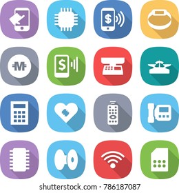 flat vector icon set - touch vector, chip, phone pay, smart bracelet, crypto currency, mobile, market scales, calculator, pacemaker, remote control, intercome, coil, wireless, sim card