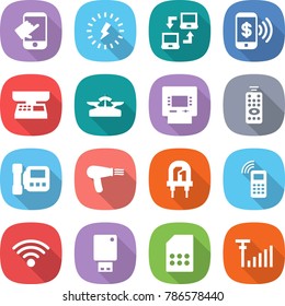 flat vector icon set - touch vector, lightning, notebook connect, phone pay, market scales, atm, remote control, intercome, hair dryer, led, mobile, wireless, usb flash, sim card, antenna signal