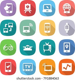 flat vector icon set - touch vector, presentation, notebook, globe, connect, wireless, phone, smart watch, glasses, scales, tv, mobile location, checking, laptop wifi, analytics