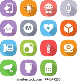 flat vector icon set - touch vector, chip, notebook globe, smart watch, wireless home, crypto currency, pacemaker, 3d, intercome, atom core, remote control, web camera, surveillance, usb flash