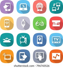 flat vector icon set - touch vector, notebook, globe, connect, phone wireless, smart watch, glasses, market scales, tv, mobile location, laptop wifi, touchscreen, analytics