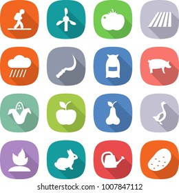 flat vector icon set - tourist vector, windmill, tomato, field, rain cloud, sickle, flour, pig, corn, apple, pear, goose, sprouting, rabbit, watering can, potato