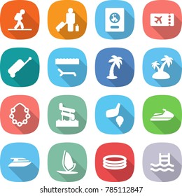 flat vector icon set - tourist vector, passenger, passport, ticket, suitcase, lounger, palm, island, hawaiian wreath, aquapark, golf, jet ski, yacht, windsurfing, inflatable pool