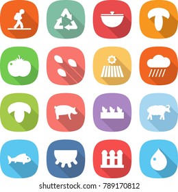 flat vector icon set - tourist vector, recycle, cauldron, mushroom, tomato, seeds, field, rain cloud, pig, seedling, sheep, fish, udder, grain elevator, drop