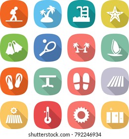 flat vector icon set - tourist vector, island, pool, starfish, flippers, tennis, palm hammock, windsurfing, flip flops, table, slippers, field, thermometer, sun, clean window