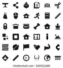Flat vector icon set - towel vector, splotch, ruler, scissors, flag, tie, cent sign, muscule hand, buttocks, molecule, heart cross, bone, run, earth, clock, document, dry cargo, package, flammable