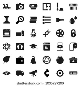 Flat vector icon set - towel vector, car fetlock, toilet brush, paper, graduate hat, atom, telescope, flask, leaf, wallet, money search, target, cent sign, scales, fitball, fitness mat, film spool