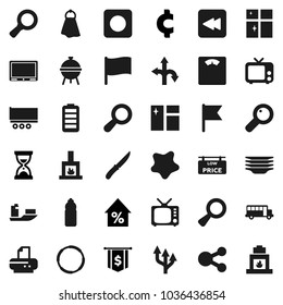 Flat vector icon set - towel vector, window cleaning, splotch, plates, shining, knife, bbq, school bus, flag, magnifier, percent growth, sand clock, dollar, cent sign, scales, water bottle, hoop, tv