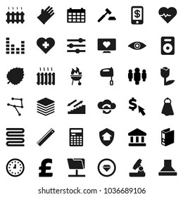 Flat vector icon set - towel vector, rubber glove, mixer, bbq, ruler, microscope, calculator, leaf, bank, auction, clock, man, binder, calendar, dollar cursor, pound, heart pulse, stairways run, eye