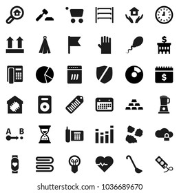 Flat vector icon set - towel vector, rubber glove, house hold, garbage pile, ladle, flag, pie graph, auction, bank building, clock, sand, dollar calendar, gold ingot, heart pulse, monitor, phone