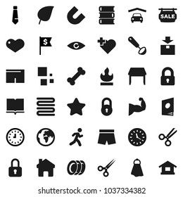 Flat vector icon set - towel vector, plates, ladle, book, magnet, leaf, clock, dollar flag, tie, muscule hand, shorts, heart cross, bone, run, earth, package, flammable, eye, scissors, home, loading