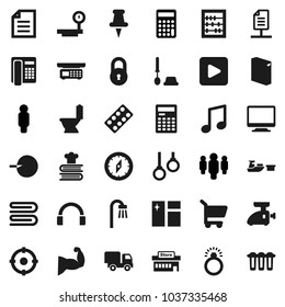Flat vector icon set - towel vector, window cleaning, toilet, brush, washing powder, cookbook, calculator, compass, abacus, music, document, man, muscule hand, gymnast rings, port, big scales, lock