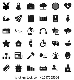 Flat vector icon set - towel vector, meat hammer, cutting board, sieve, pen, case, table lamp, constellation, yen sign, heart monitor, shuttlecock, ship, sea container, calendar, sorting, newspaper
