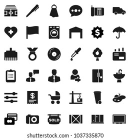 Flat vector icon set - towel vector, trash bin, washer, shining window, sink, pen, clipboard, flag, credit card, dollar medal, stadium, heart cross, client, car, wood box, umbrella, disk, dropper