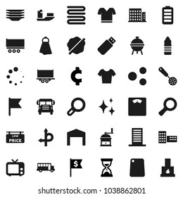 Flat vector icon set - towel vector, shining, splotch, plates, skimmer, cutting board, hand mill, bbq, school building, bus, flag, magnifier, sand clock, dollar, cent sign, scales, t shirt, route