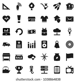 Flat vector icon set - towel vector, kettle, scales, cereal, corner ruler, backpack, clipboard, award cup, flag, laptop graph, heart pulse, t shirt, shuttlecock, car, no trolley, hook, disk, speaker