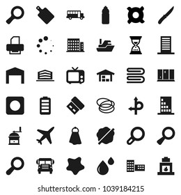 Flat vector icon set - towel vector, splotch, shining window, knife, cutting board, hand mill, school building, bus, magnifier, sand clock, any currency, water bottle, hoop, route, plane, ship, tv