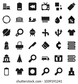 Flat vector icon set - towel vector, splotch, knife, hand mill, bbq, school bus, magnifier, percent growth, cent sign, scales, t shirt, hoop, route, ship, truck trailer, battery, backward button, tv