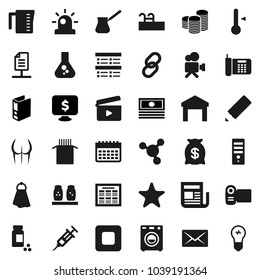 Flat vector icon set - towel vector, measuring cup, turk coffee, spices, thermometer, pasta, pencil, schedule, molecule, flask, exam, cash, coin stack, binder, monitor dollar, pills vial, buttocks