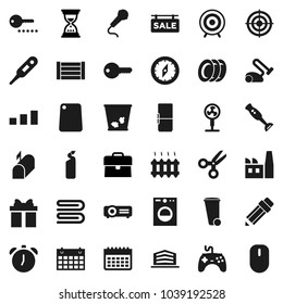 Flat vector icon set - towel vector, trash bin, cleaning agent, plates, cutting board, blender, pencil, alarm clock, compass, scissors, case, sand, target, calendar, wood box, sorting, gamepad, key