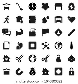 Flat vector icon set - towel vector, splotch, ladle, book, ruler, magnet, scissors, molecule, flag, money bag, clock, tie, muscule hand, run, earth, document, dry cargo, package, flammable, dialog